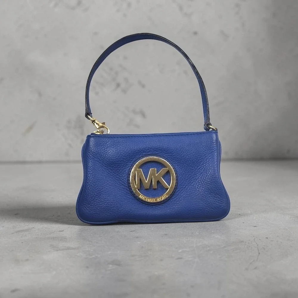 Michael Kors Fulton Cobalt Blue‎ Pebbled Leather Wristlet Gold MK Logo Pouch